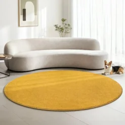 Uni Effen Rond Vloerkleed Laagpolig Geel - 150 CM Ø
