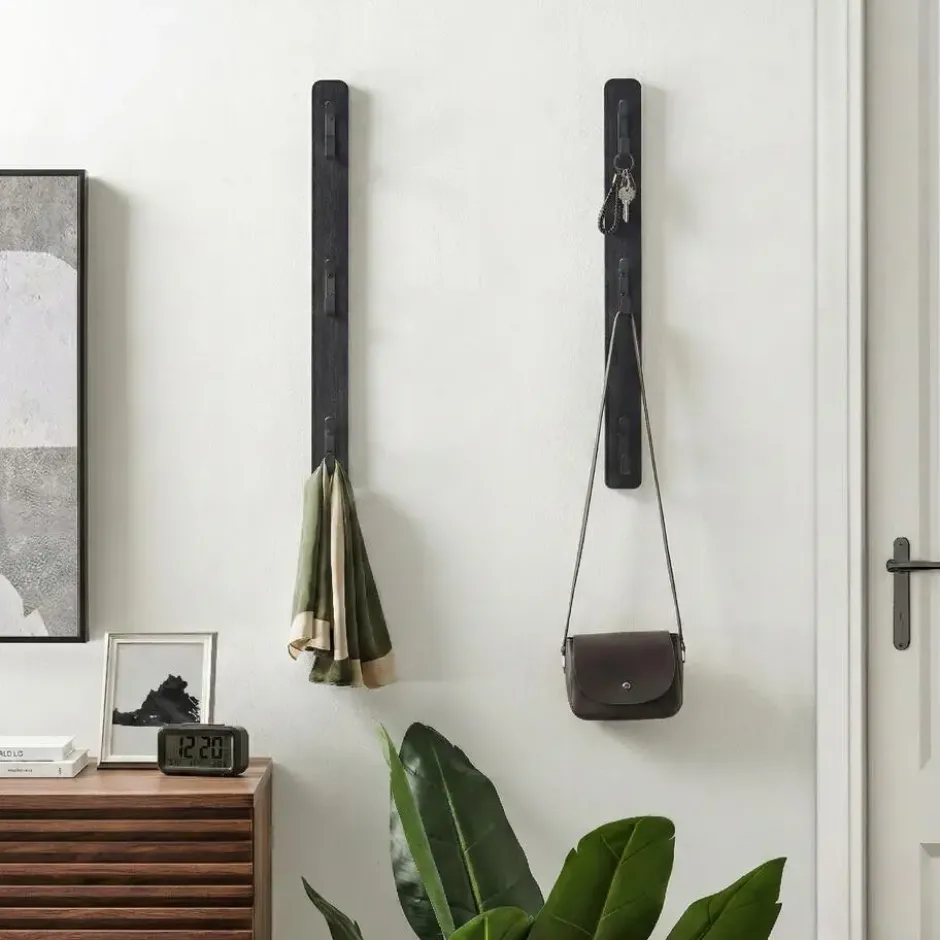 Verticale wandkapstok - met 3 haken - 6x67 cm - zwart