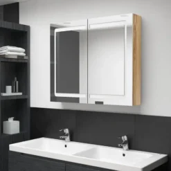 vidaXL - Badkamerkast met spiegel en LED 80x12x68 cm eikenkleurig