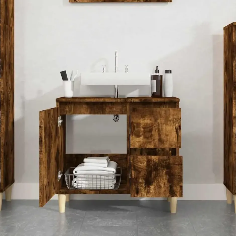 vidaXL - Badkamerkast 65x33x60 cm bewerkt hout gerookt eikenkleurig