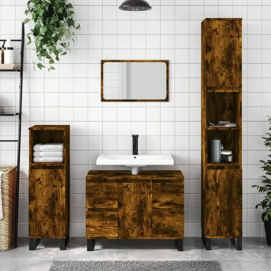 vidaXL - Badkamerkast 30x30x100 cm bewerkt hout gerookt eikenkleurig