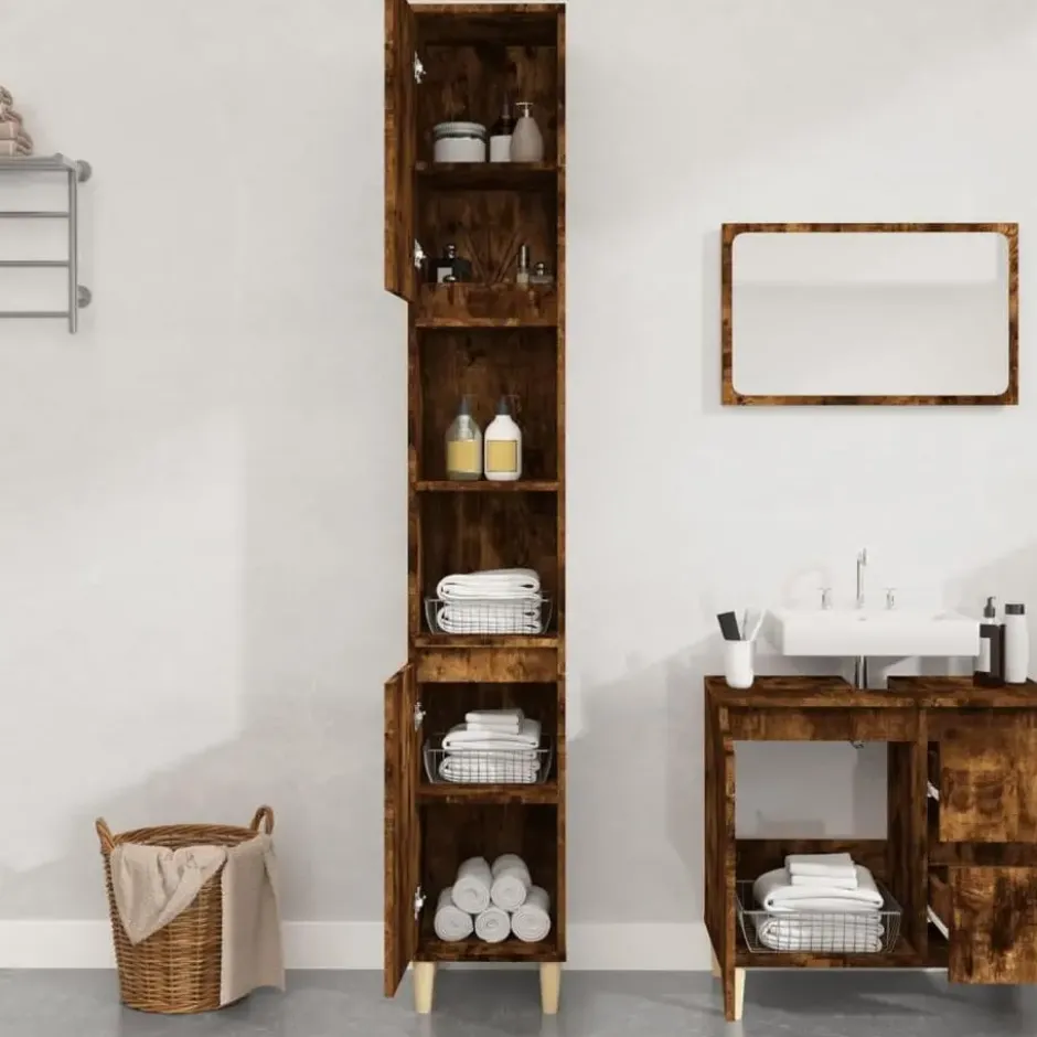 vidaXL - Badkamerkast 30x30x190 cm gerookt eikenkleurig bewerkt hout