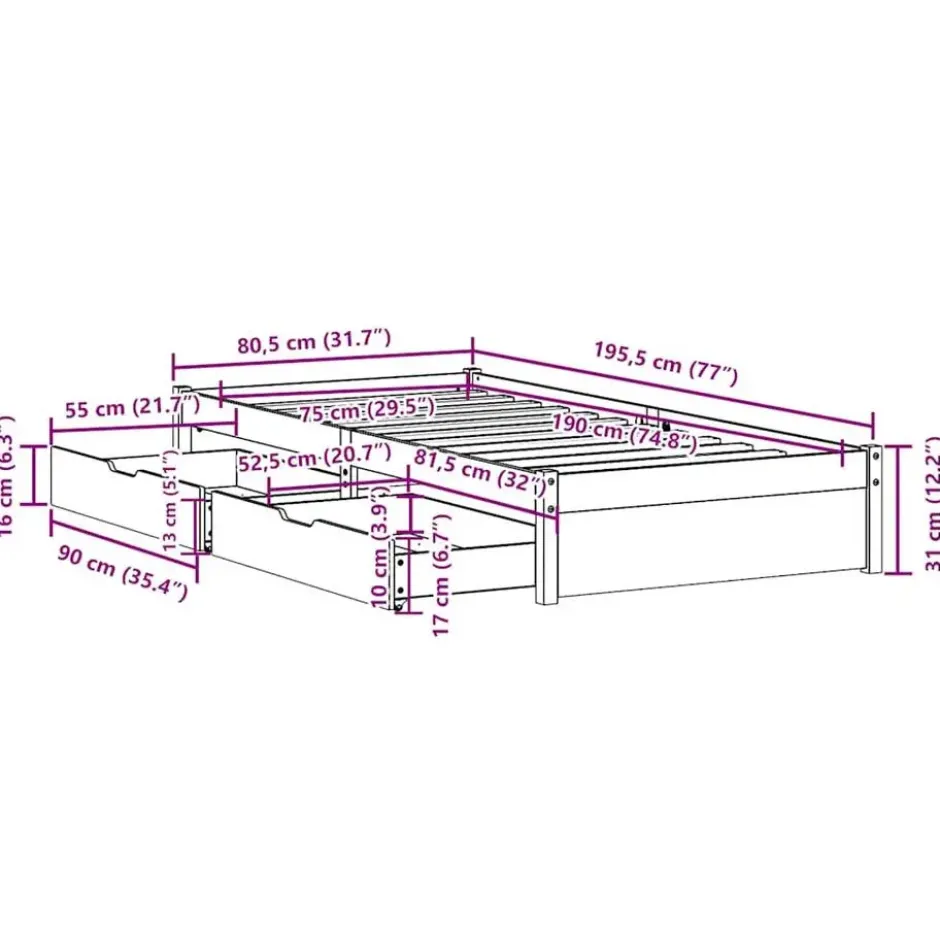 vidaXL - Bedframe zonder matras massief grenenhout wit 75x190 cm