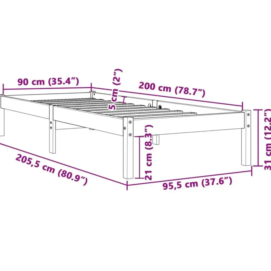 vidaXL - Bed frame zonder matras - Wasbruin - Massief grenenhout - 90x200 cm