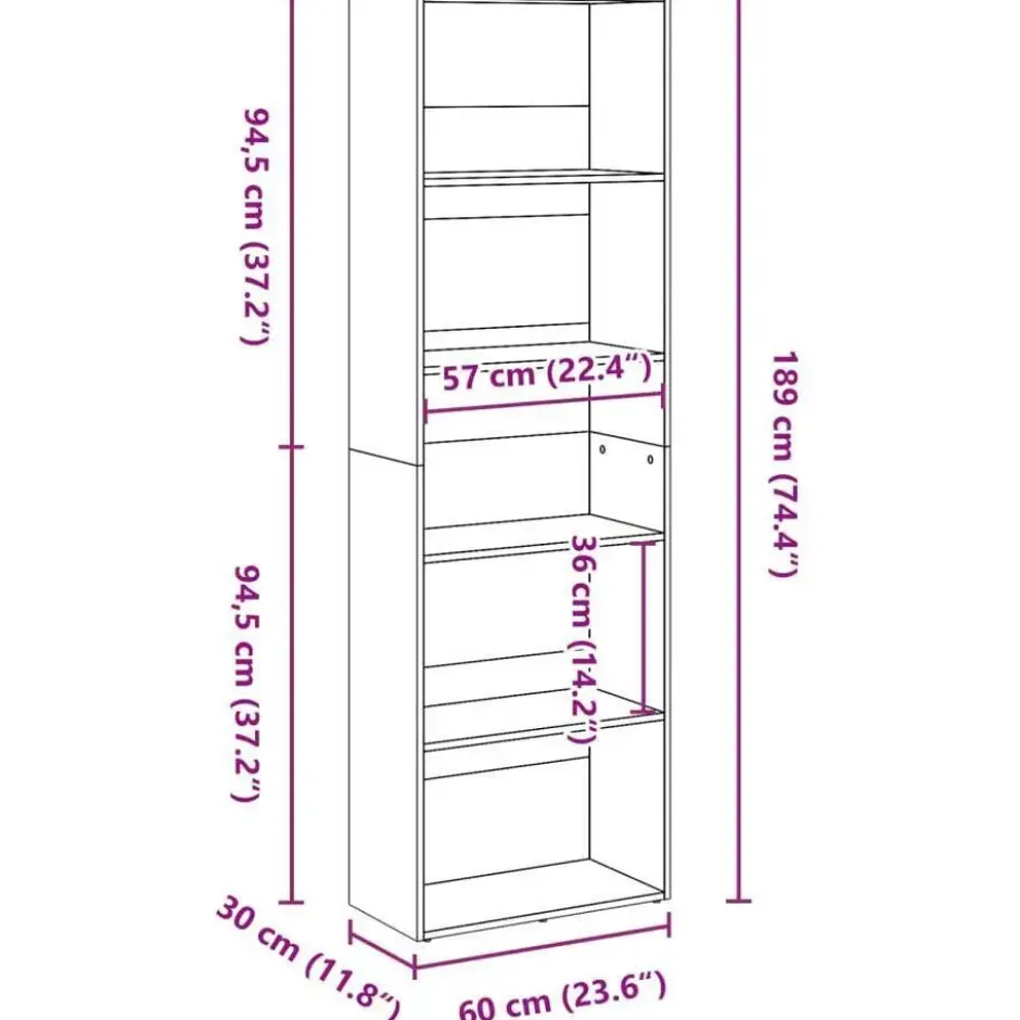 vidaXL - Boekenkast met 5 vakken voor woonkamers - Gerookt eiken - 60x30x189 cm
