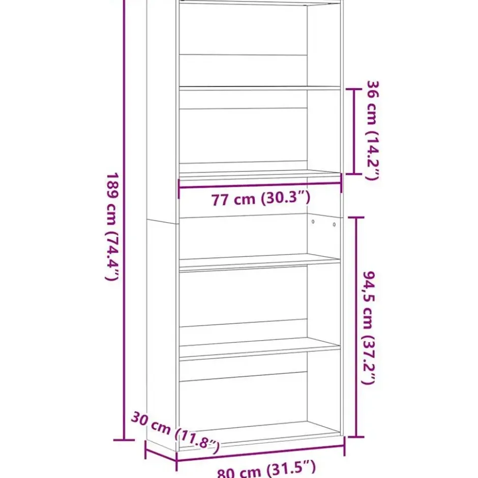 vidaXL - Boekenkast met 5 vakken voor kantoor - Sonoma eiken - 80x30x189 cm