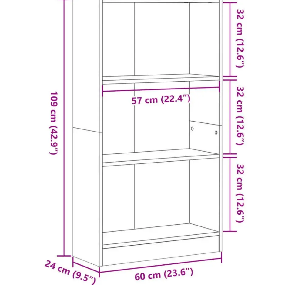 vidaXL - Boekenkast met 3 vakken - Zwart - Bewerkt hout - 60x24x109 cm