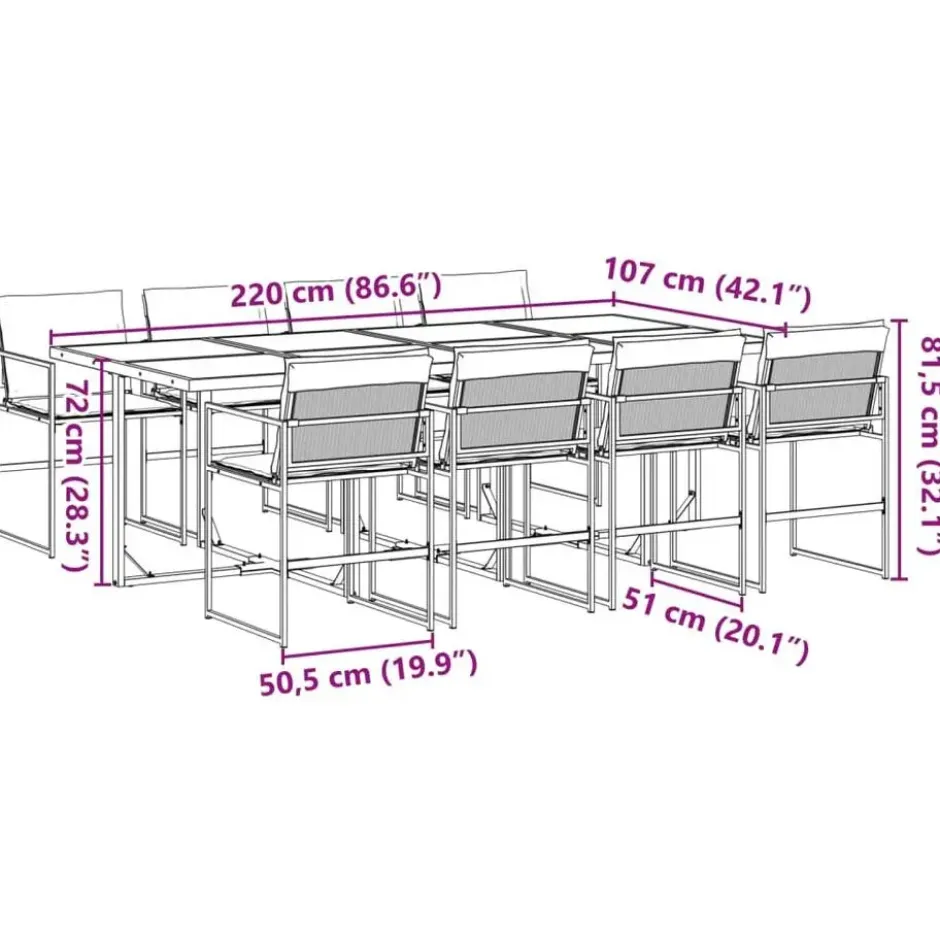 vidaXL - 9-delige inklapbaar Tuinset gris kussens -Zwart textileen - 220x107 cm