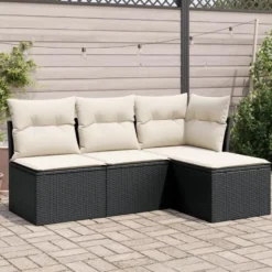vidaXL 4-delige Loungeset met kussens - Zwart en crème - Poly rattan