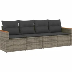 vidaXL 4-delige Loungeset met kussens en hout armsteun - Grijs - Poly rattan