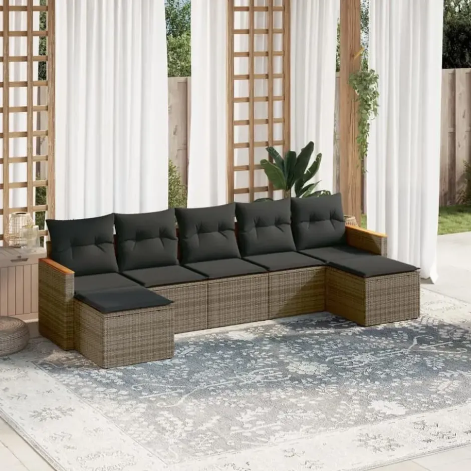 vidaXL 7-delige Loungeset voor 7 met kussens & krukken - Gris - Poly rattan