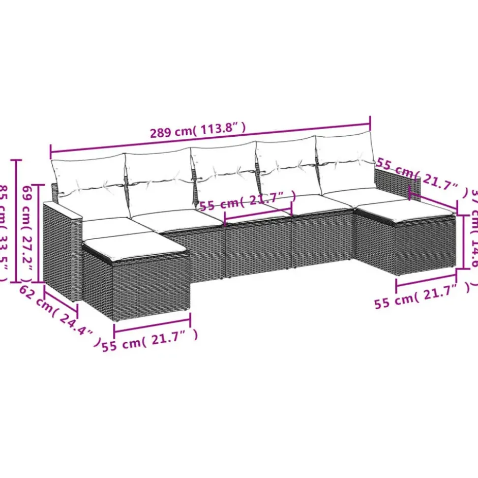 vidaXL 7-delige Loungeset voor 7 met kussens & krukken - Gris - Poly rattan
