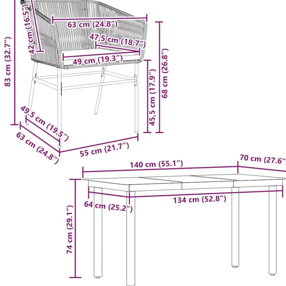 vidaXL - 5-delige Tuinset grijs kussens - Zwart PE rattan en staal - 140x70 cm