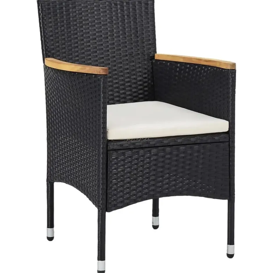 vidaXL - 5-delige Tuinset met kussens zwart - Poly rattan en glas - ø 80 cm