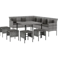 vidaXL - 6-delige Tuinset met kussens 4 krukken - Grijs - PE-rattan - 90x90 cm