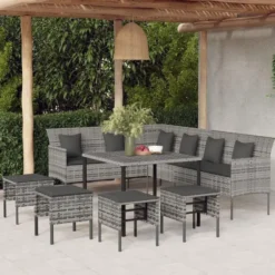 vidaXL - 6-delige Tuinset met kussens 4 krukken - Grijs - PE-rattan - 90x90 cm