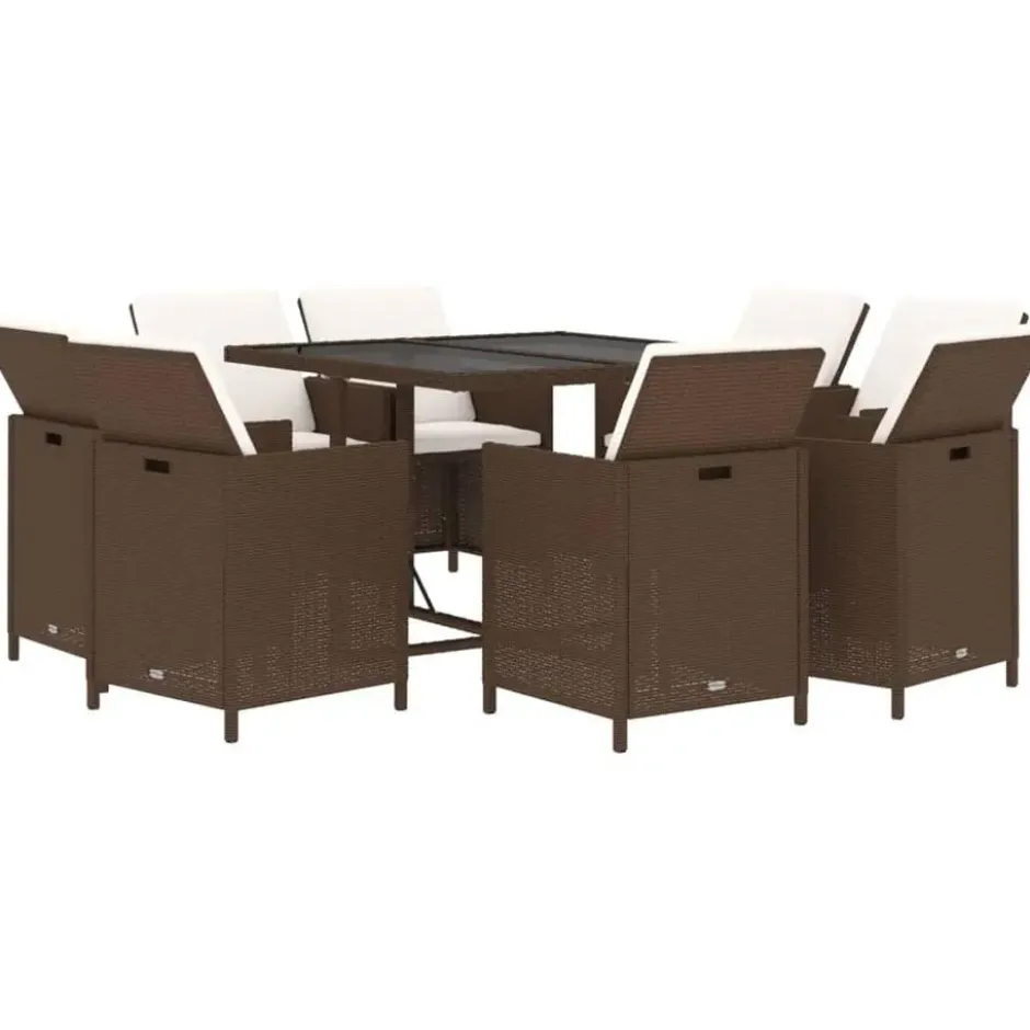 vidaXL - 9-delige Tuinset wit kussens - Bruin poly rattan en glas - 109x107 cm
