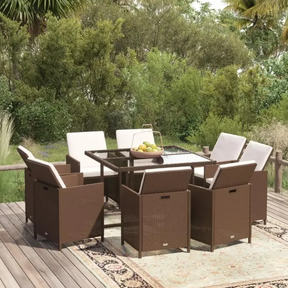 vidaXL - 9-delige Tuinset wit kussens - Bruin poly rattan en glas - 109x107 cm