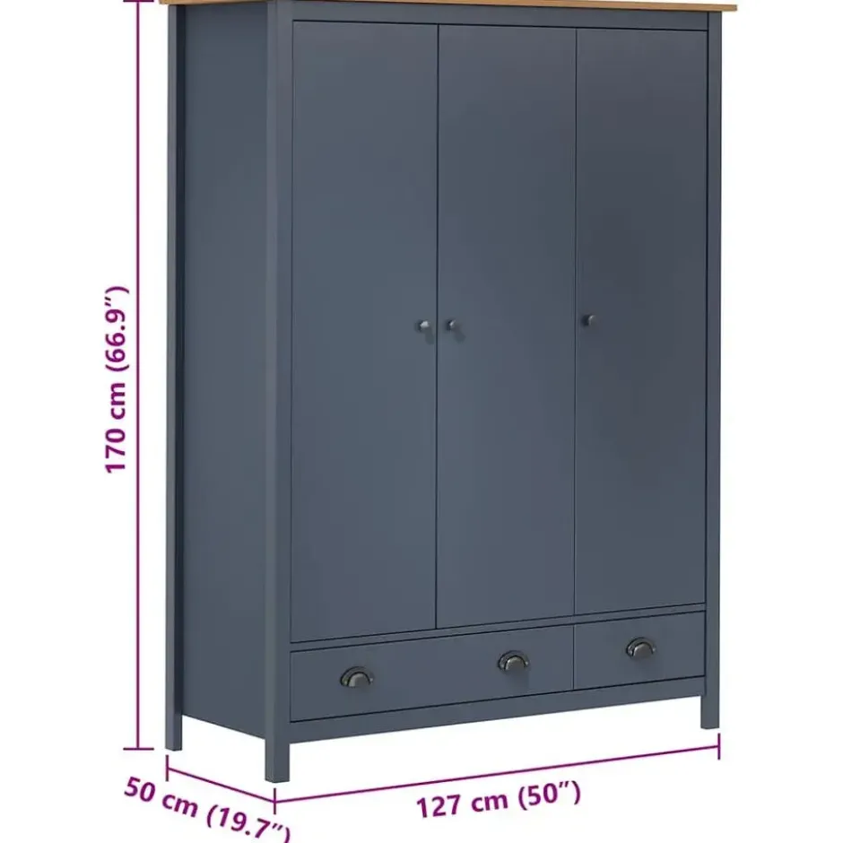 vidaXL - 3-deurs Kledingkast Hill - Massief grenenhout - Grijs - 127x50x170 cm