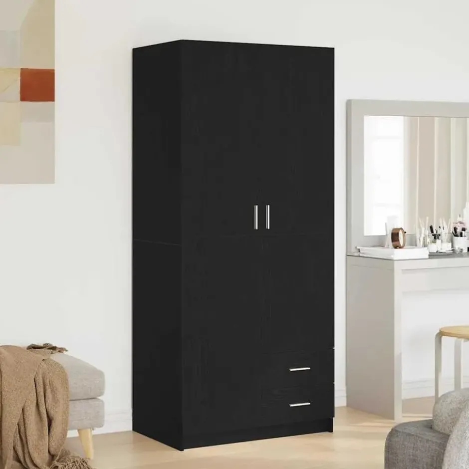 vidaXL - 2-deurs Kledingkast met 2 lades - Bewerkt hout - Zwart - 80x52x180 cm