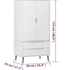 vidaXL - Kledingkast MOLDE met 2 lades - Grenenhout - Wit - 90x55x175 cm