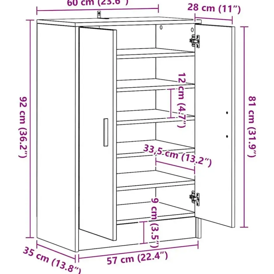 vidaXL - 6-laags Schoenenkast met 2 deuren 12 paar Artisana eiken - 60x35x92 cm