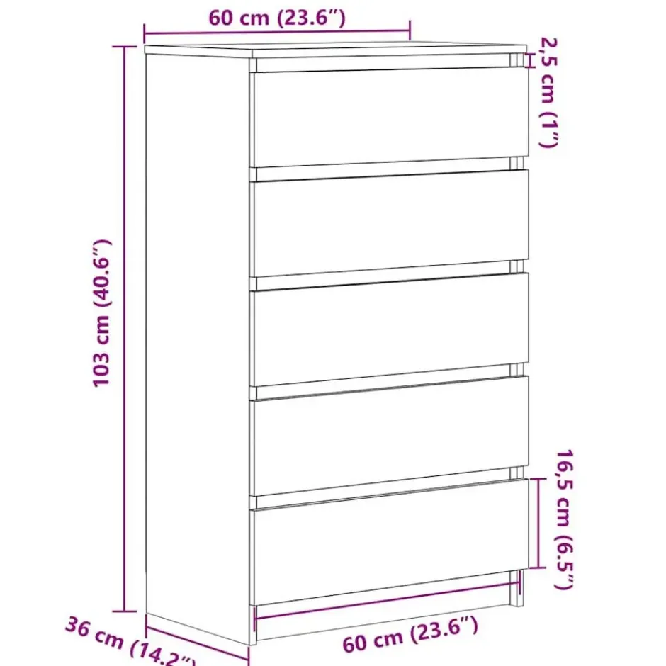 vidaXL - Ladekast 60 x 36 x 103 cm Zwart Bewerkt hout
