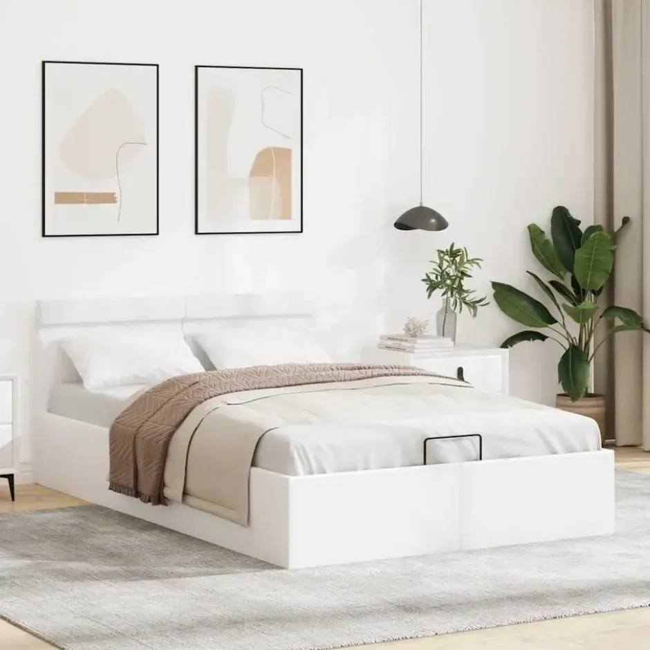 vidaXL - LED bed met opbergruimte - Hydraulisch - Wit - Kunstleer - 140x200 cm