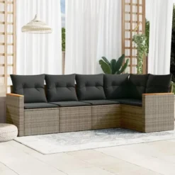 vidaXL Loungbank voor 5 met kussens en armsteun - Grijs - Poly rattan
