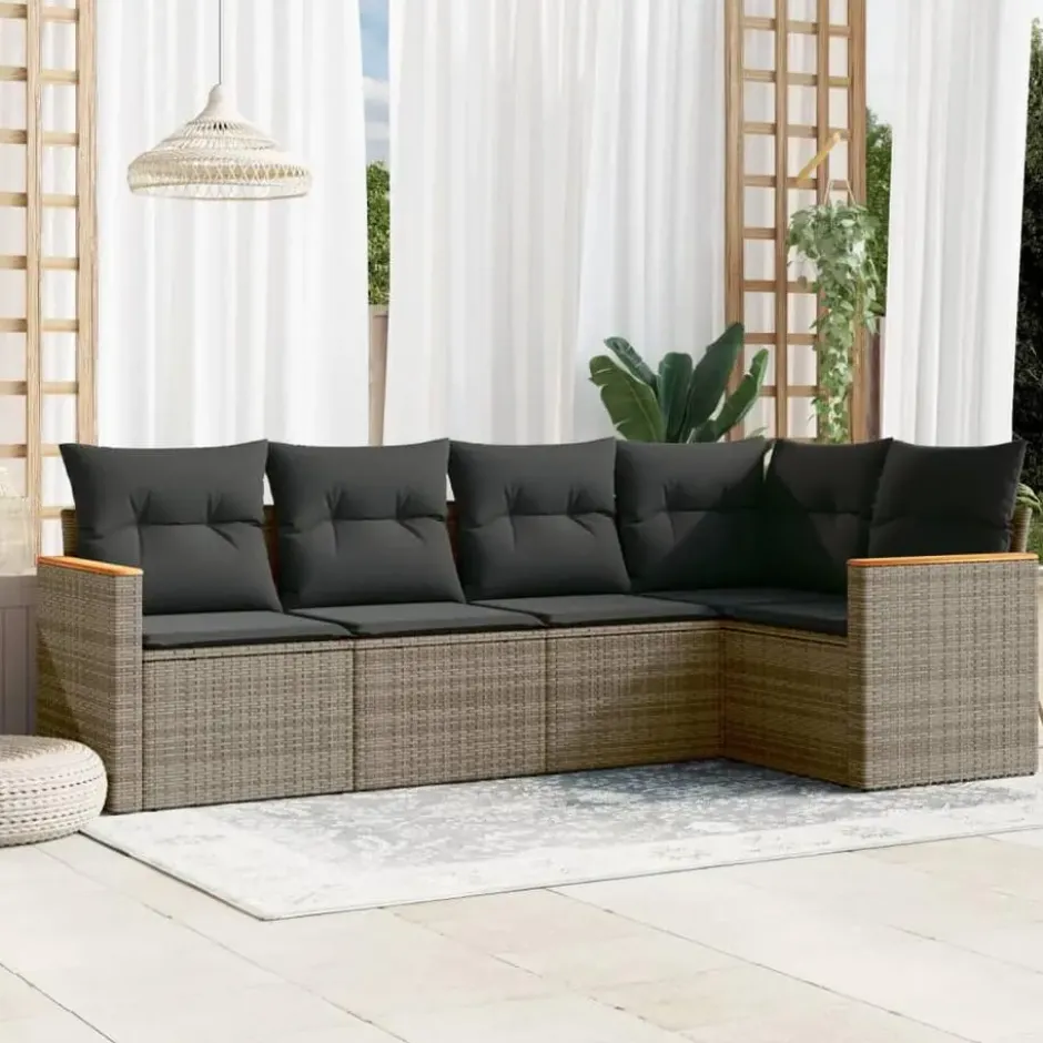 vidaXL Loungbank voor 5 met kussens en armsteun - Grijs - Poly rattan
