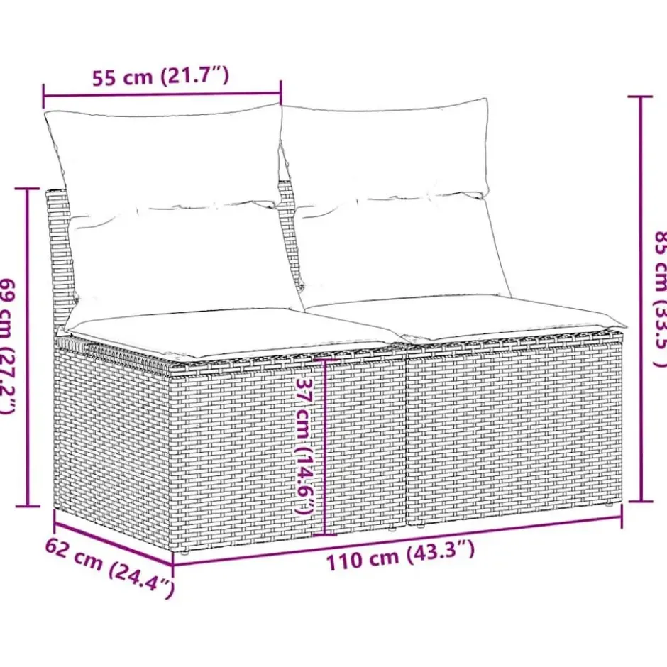 vidaXL Loungebank 2 zits met crème kussens en salontafel - Zwart 110x62x69 cm