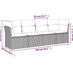 vidaXL Loungeset met kussens - set van 4 - Grijs - Poly Rattan - 234x62x69 cm