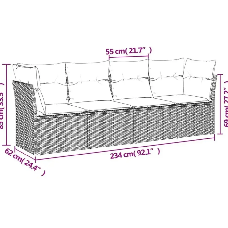 vidaXL Loungeset met kussens - set van 4 - Grijs - Poly Rattan - 234x62x69 cm