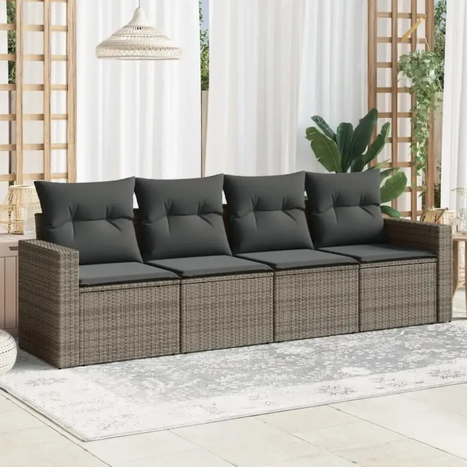 vidaXL Loungeset met kussens voor 4 personen - Grijs - Poly Rattan