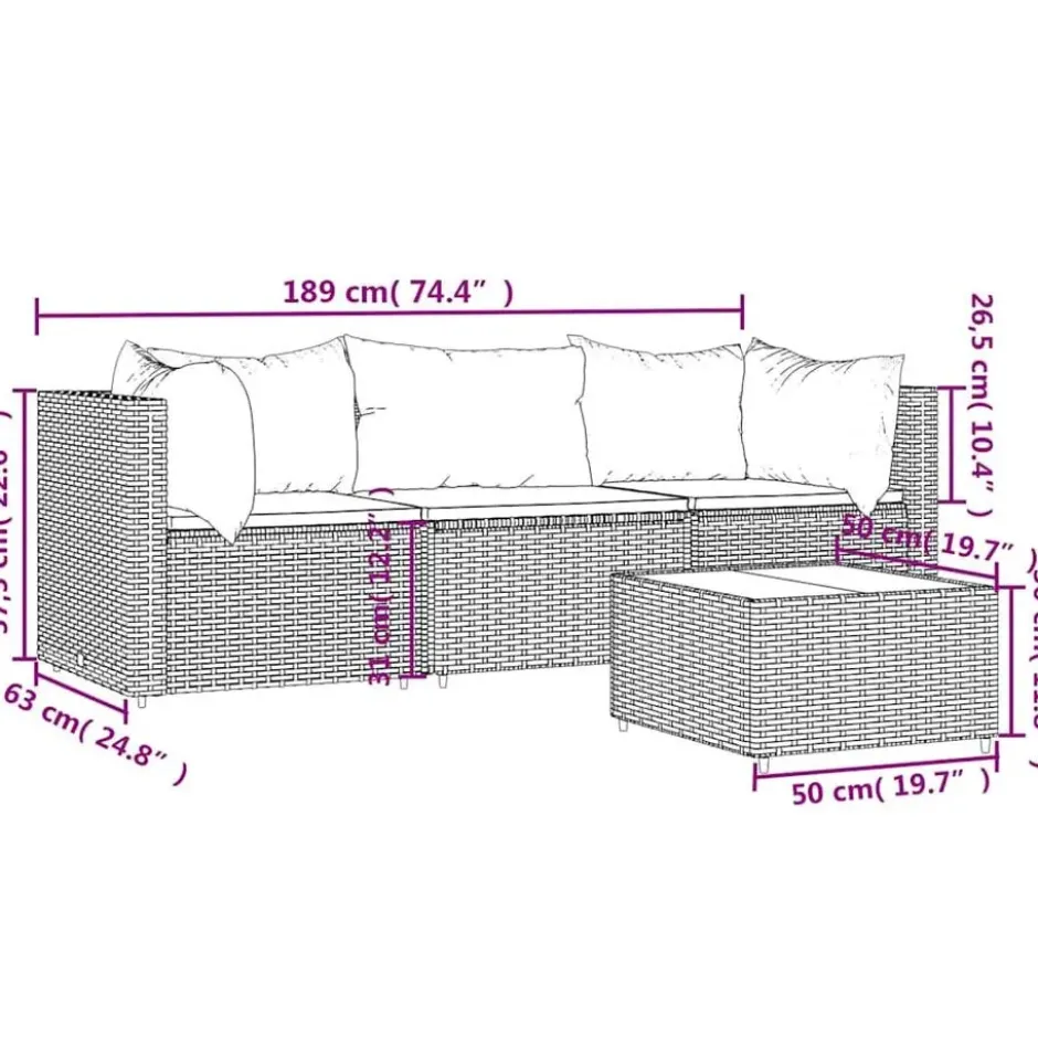vidaXL - loungeset voor 3 met kussens grijs poly rattan 4 stuks