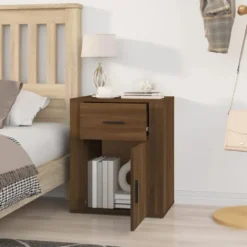 vidaXL - Nachtkastje met lade en deur - Bruin eiken - Bewerkt hout - 50x36x60 cm
