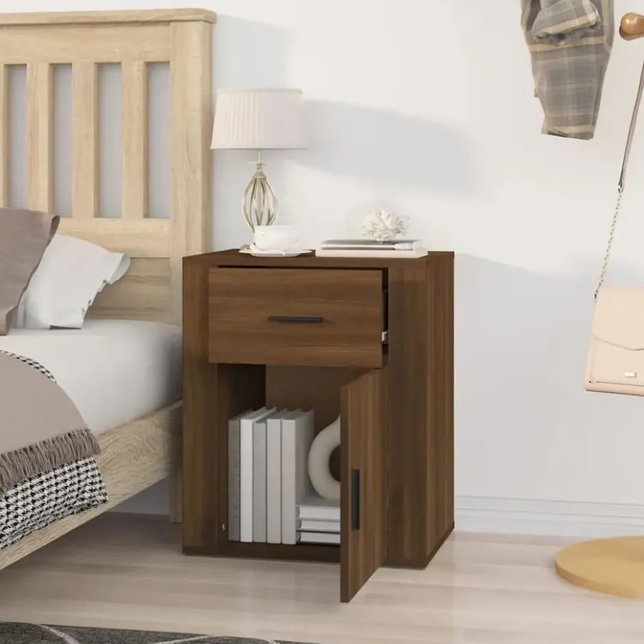 vidaXL - Nachtkastje met lade en deur - Bruin eiken - Bewerkt hout - 50x36x60 cm