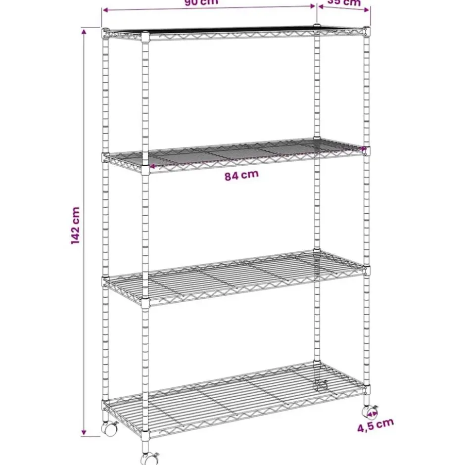 vidaXL - Opbergrek 4-laags met wielen 200 kg 90x35x142 cm zwart