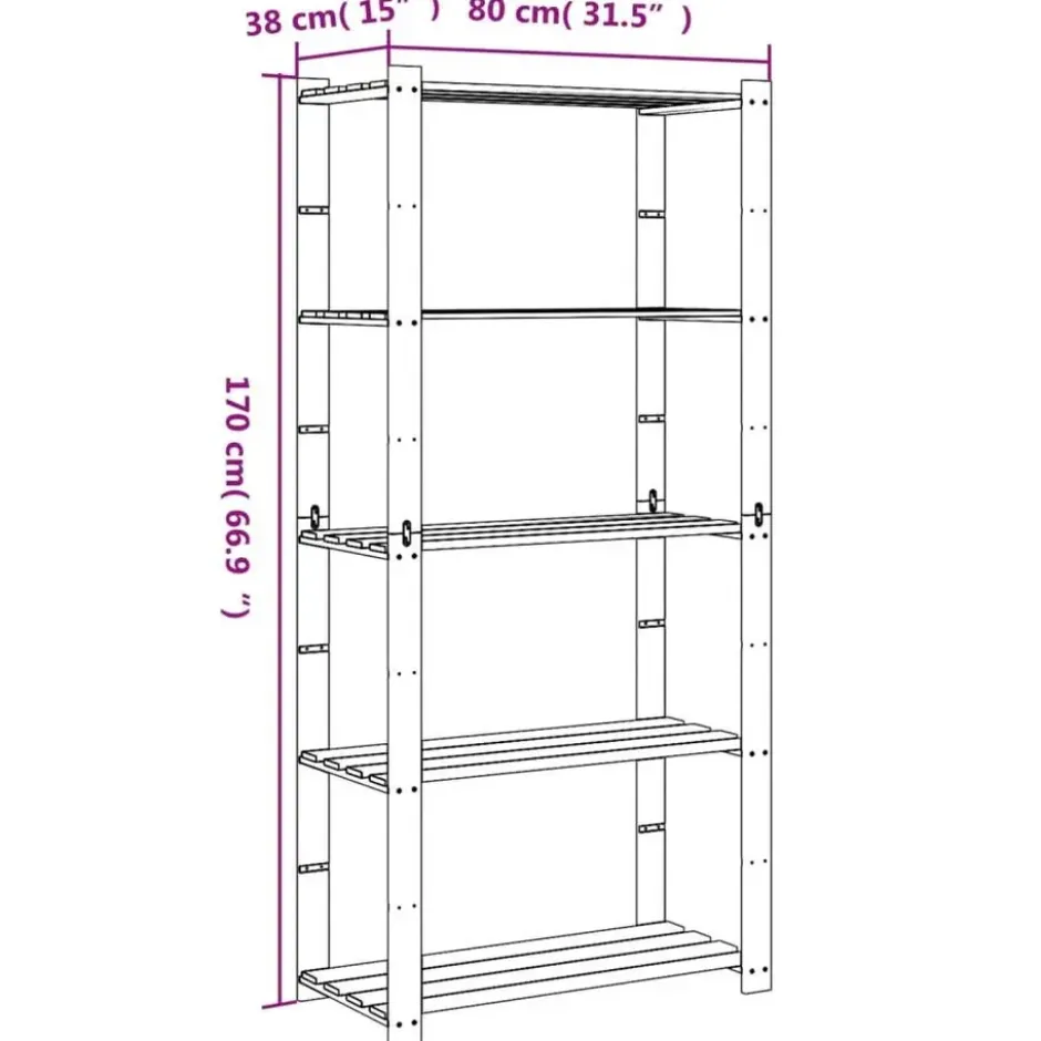 vidaXL - Opbergrek 5-laags 80x38x170 cm massief grenenhout zwart opbergmeubel
