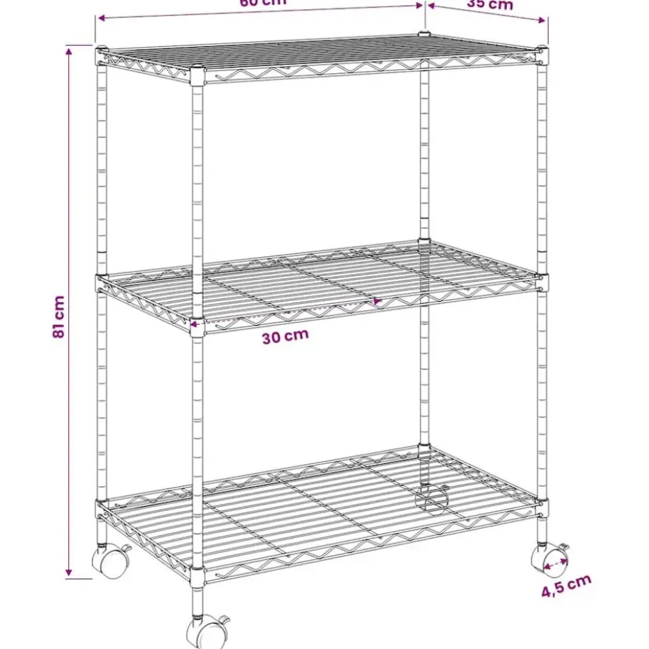 vidaXL - Opbergrek met wielen 3-laags 150 kg 60x35x81 cm chroomkleurig