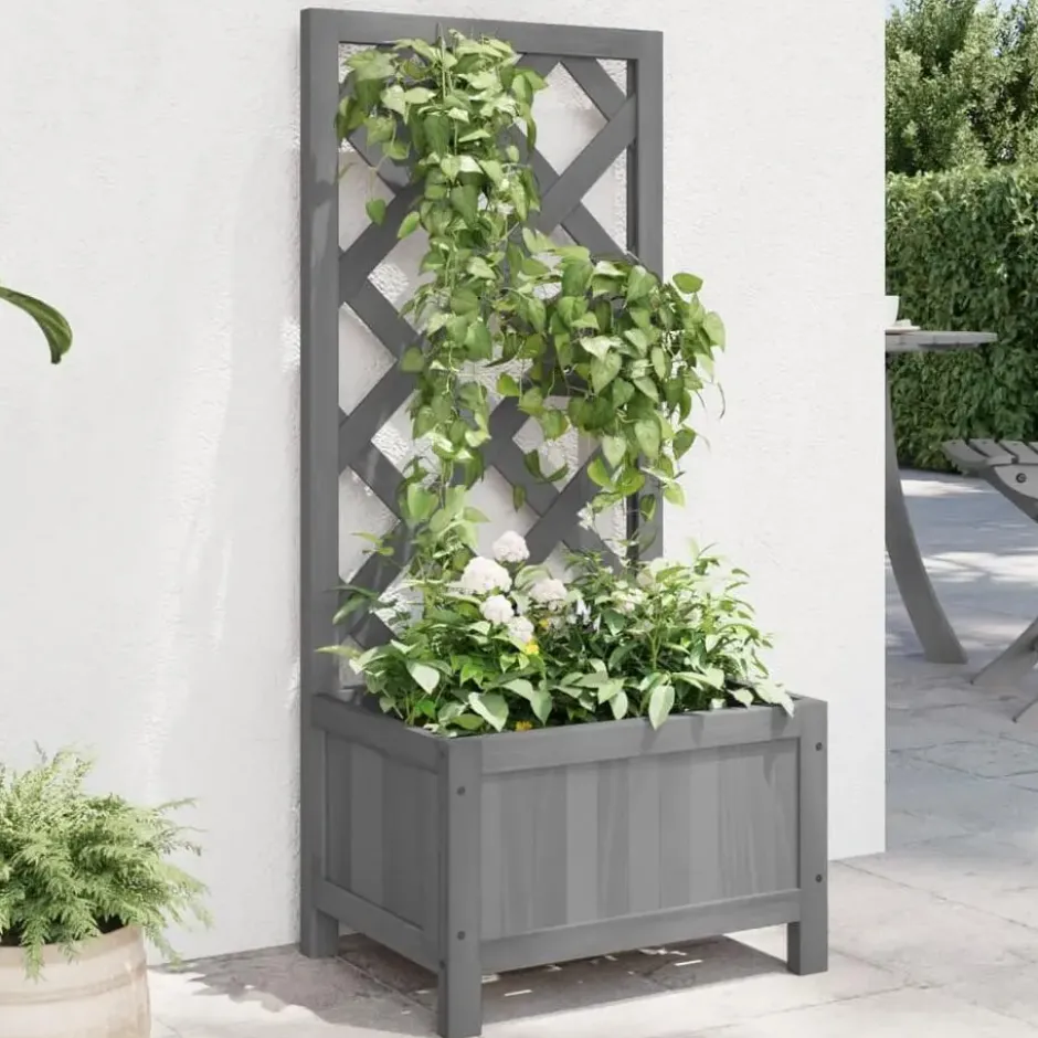 vidaXL - Plantenbak met latwerk massief vurenhout grijs bloempot buitenpot