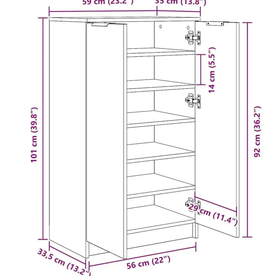 vidaXL - Schoenenkast met 2 deuren - Grijs sonoma eiken - Hout - 59x35x100.5 cm