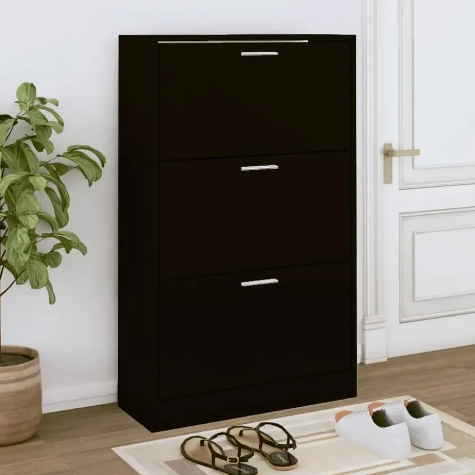 vidaXL - Schoenenkast met 3 kleppen - Zwart - Bewerkt hout - 63x24x103 cm