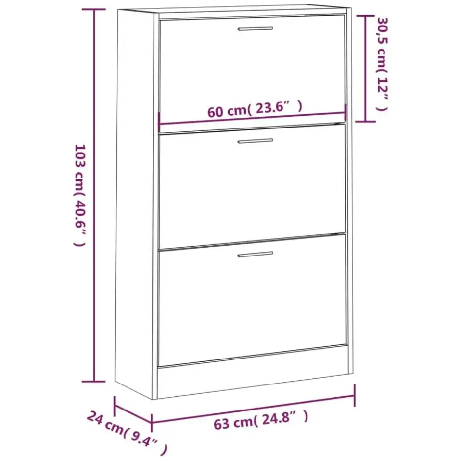 vidaXL - Schoenenkast met 3 kleppen - Zwart - Bewerkt hout - 63x24x103 cm