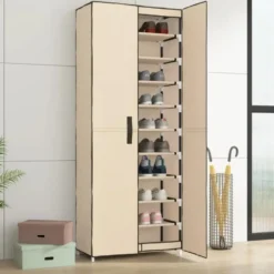 vidaXL - Schoenenkast met stoffen deuren - 18 paar - Crème - 60x30x166 cm