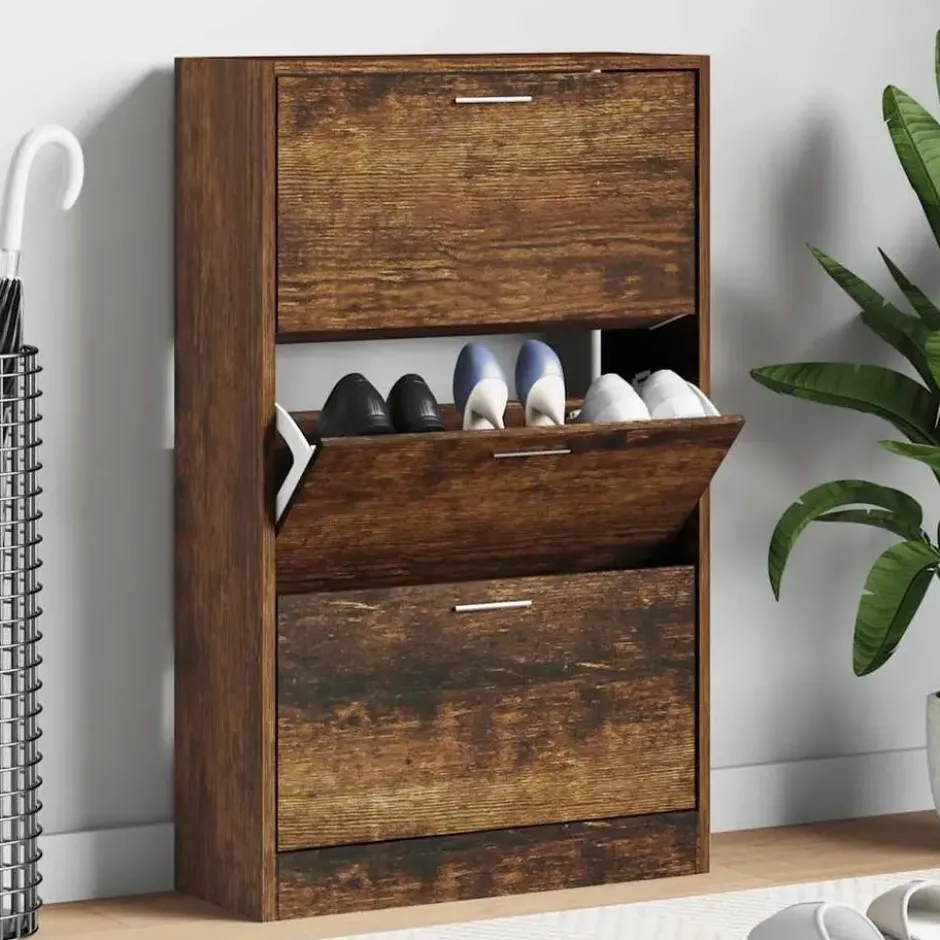 vidaXL - Schoenenkast 6 paar met 3 kleppen - Gerookt eiken - Hout - 63x24x103 cm