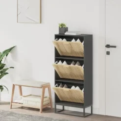 vidaXL - Schoenenkast 6 paar met 3 lameldeur - Zwart - Hout - 52x25x120 cm