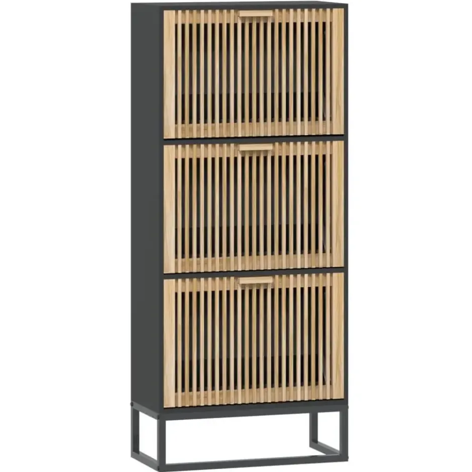 vidaXL - Schoenenkast 6 paar met 3 lameldeur - Zwart - Hout - 52x25x120 cm