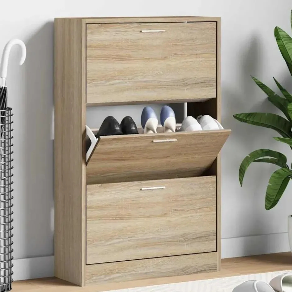 vidaXL - Schoenenkast 6 paar met 3 kleppen - Sonoma eiken - Hout - 63x24x103 cm