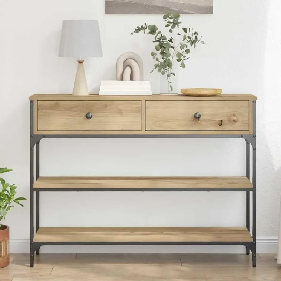 vidaXL - Sidetable met 2 lades 2 schappen - Artisanall eiken - 100x25x75 cm
